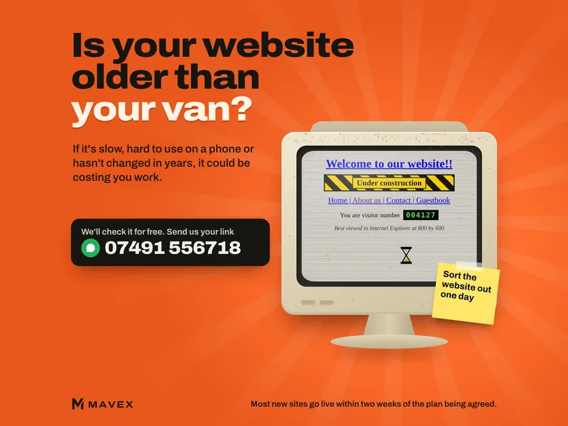 An old beige computer showing a website that says welcome to our website, under construction, a visitor counter and best viewed in Internet Explorer, with a sticky note saying sort the website out one day