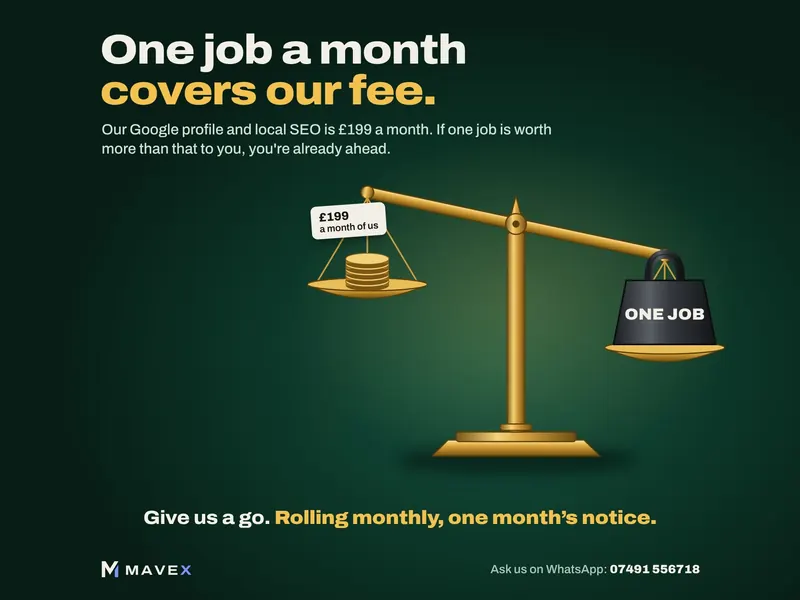A gold balance scale tipping towards a heavy weight labelled one job, against a pan of coins labelled £199 a month of us, under the words one job a month covers our fee, and give us a go, rolling monthly, one month's notice