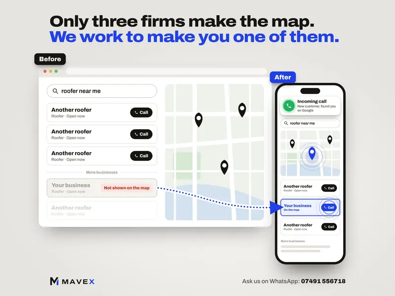 Before and after: a search for a roofer where the business sits below the map, then a phone where it shows on the map with an incoming call