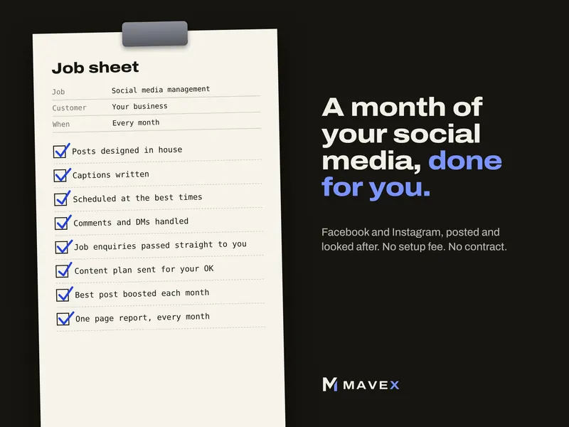 A job sheet with eight ticked lines: posts designed in-house, captions written, scheduled at the best times, comments and messages handled, job enquiries passed to you, content plan sent for your OK, best post boosted each month, one page report every month