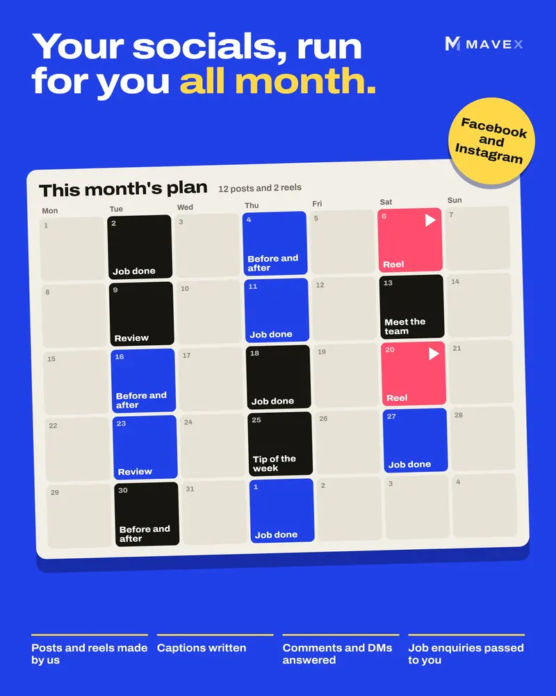 A wall planner headed "This month's plan, 12 posts and 2 reels", with job done, before and after, review, tip of the week and reel days marked