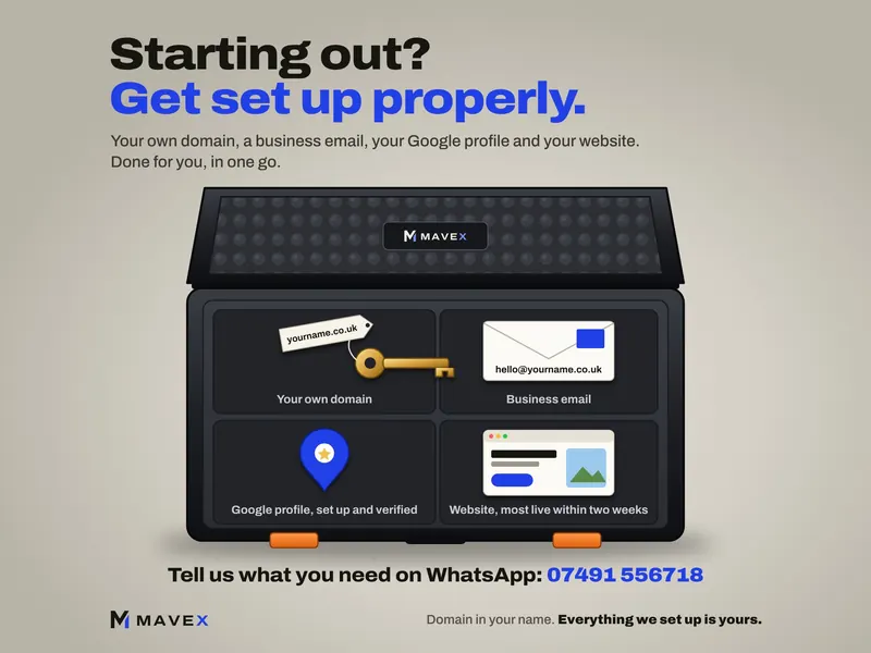 An open tool case with four compartments labelled your own domain, business email, Google profile set up and verified, and website most live within two weeks, under the words starting out, get set up properly