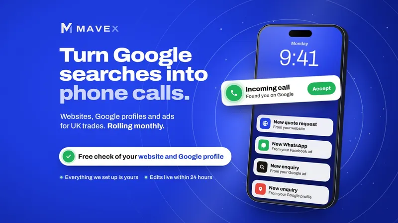 A phone showing an incoming call found on Google, and notifications for a new quote request from the website, a new WhatsApp from a Facebook ad, a new enquiry from a Google ad and a new enquiry from the Google profile