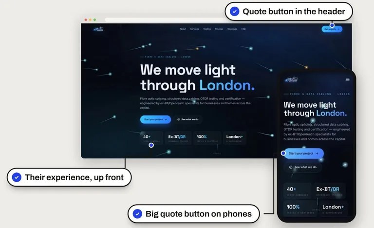 A fibre and data installer's website in London, on a laptop and a phone: a dark blue page with light trails, a headline about moving light through London, and callouts for the quote button in the header, their years of experience up front, and a big quote button on phones