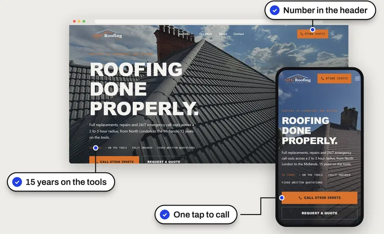 A Cambridge roofing firm's website on a laptop and a phone: a large white headline over a photo of a tiled roof and chimney, orange call buttons, and callouts for the number in the header, 15 years on the tools, and one tap to call